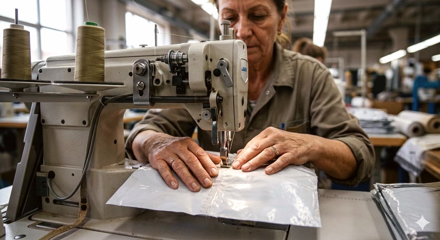 Hände nähen an einer Nähmaschine, im Hintergrund unscharf eine weitere Person, die ebenfalls an einer Nähmaschine arbeitet.