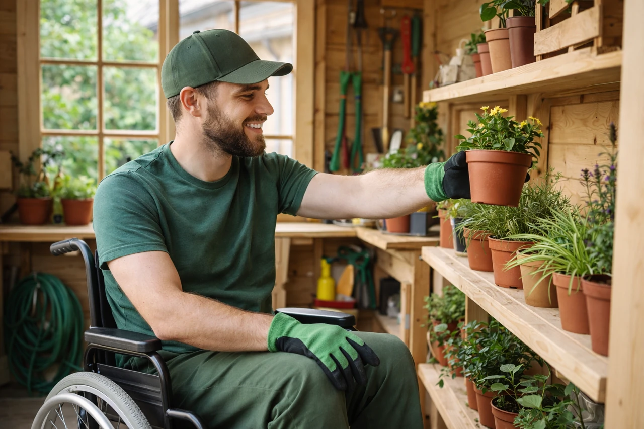Mann im Rollstuhl nimmt Blumentopf aus einem hölzernen Regal.